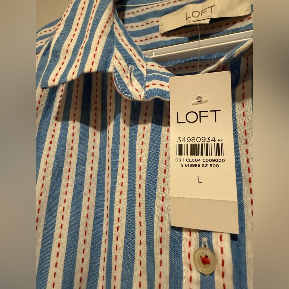 LOFT White and Blue Striped Button Down Shirt - Picture 9 of 15